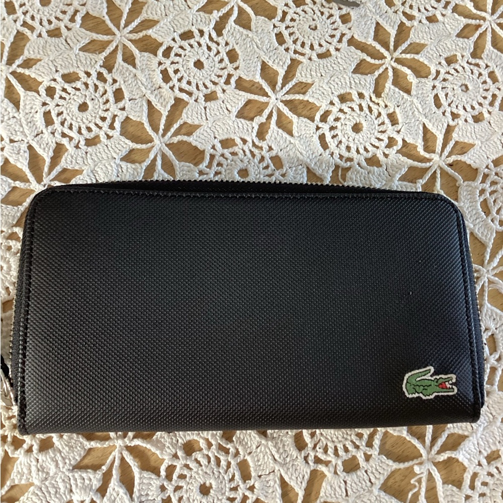 Lacoste Black Zip-Around Wallet with Green Croc Patch